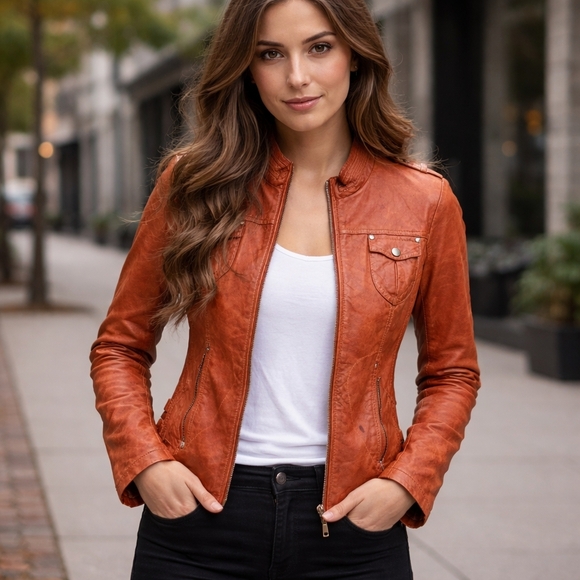 Danier Jackets & Blazers - Danier Cognac Genuine Leather Moto Jacket 2XS Fitted Zip Front Fits Like XS